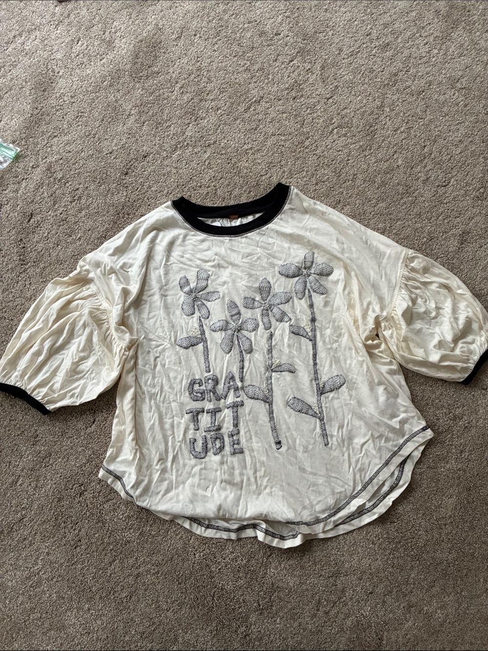 Free People Cream Top with Black Trim and Gray Floral Embroidery